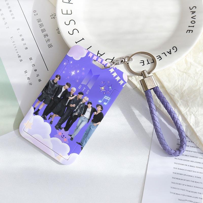 BTS Sliding Photocard Holder, Protective ID Badge Card Case with Braided Keychain Strap, Student Campus Bus Meal Card Protector Merch for ARMY