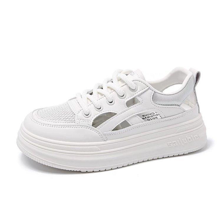 Туфли белые с толстой подошвой, женские, лето 2025, новые, дышащие, спортивные сандалии на шнуровке, универсальные, повседневные, с отверстиями