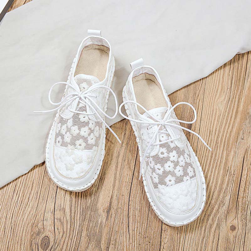 Hollow Breathable Cloth Shoes Women Gauze Daisy Embroid Retro National Style Simple Casual Flat Shoes Linen Sweet  Preppy Style Spring Summer