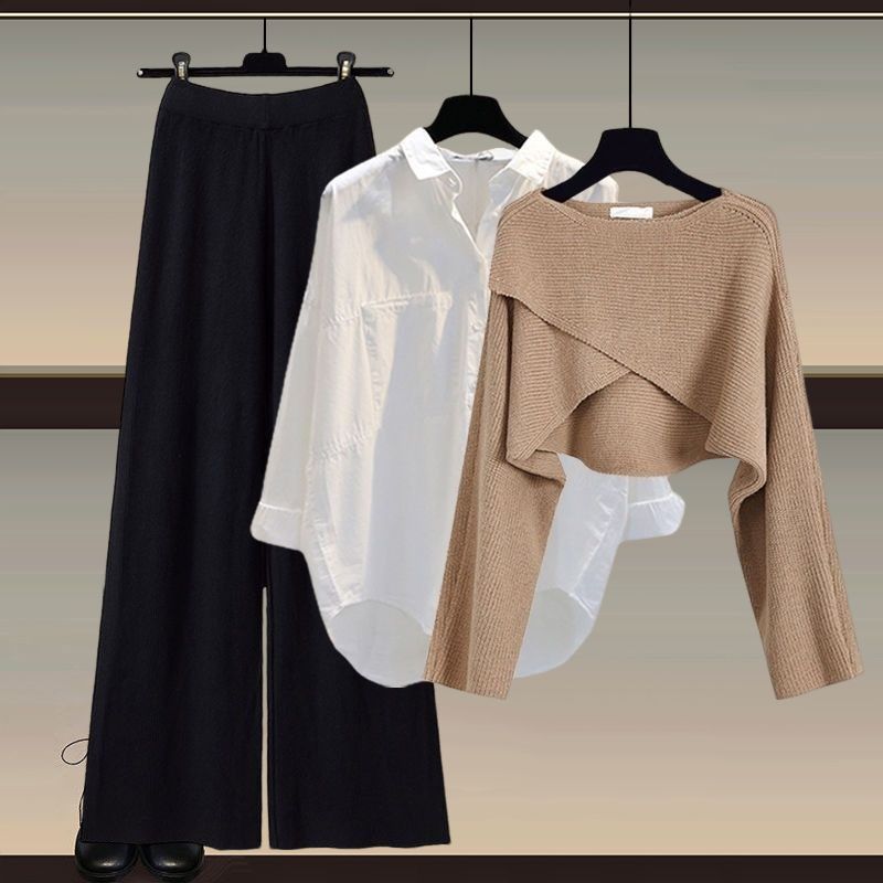Осенне-зимний женский вязаный свитер, брюки-тройка, свободная блузка, рубашка, свитер и широкие брюки с высокой талией, винтажный повседневный комплект из трех предметов