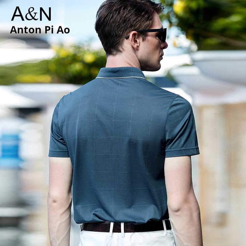 Antibacterial and cool feeling mulberry silk casual plaid printed polo shirt men's short sleeved summer collar T-shirt top