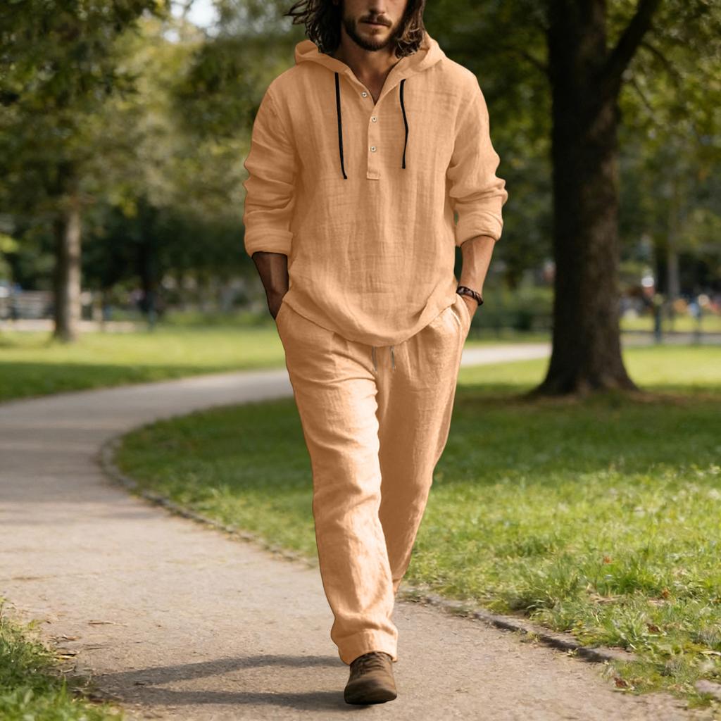 Мужской повседневный льняной комплект, Рубашка на пуговицах, Брюки с эластичным поясом и кулиской, Свободные, Удобный комплект из двух предметов