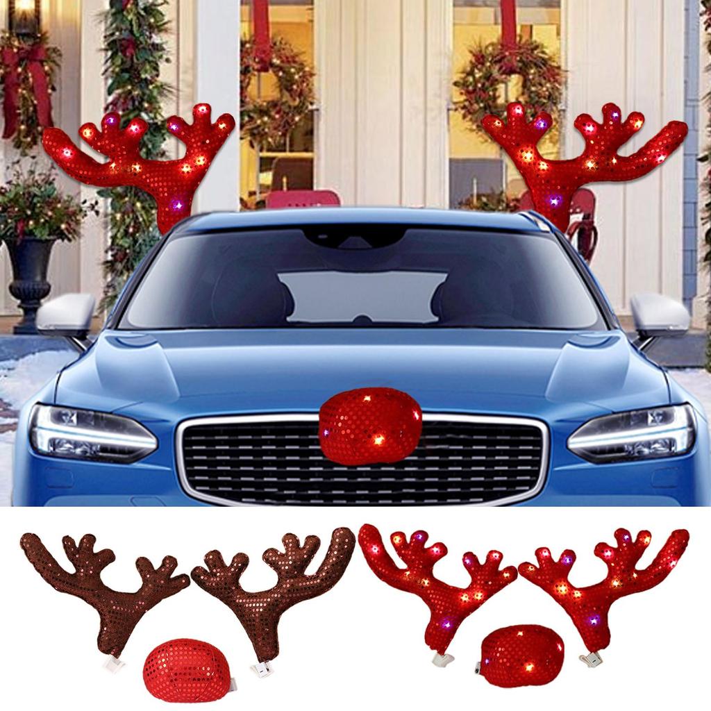 Car Christmas Decorations Christmas Cute Waterproof with LED Light Car Costume Decor Reindeer Antlers & Nose for Winter Holiday