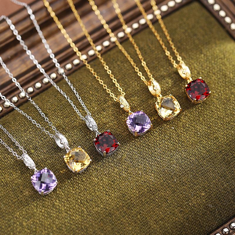 Women's S925 Pure Silver Necklace, Ice-Cut Natural Crystal, Premium Gemstone Series, Princess Square Pendant