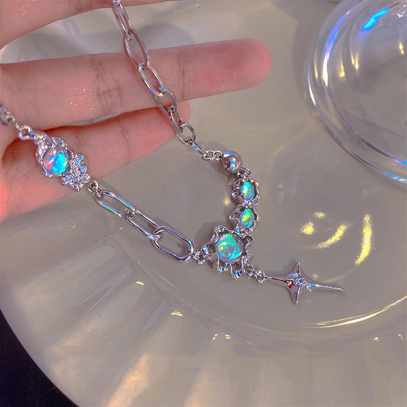 JWER Trendy Bling Moonstone Star Cross Pendant Necklace for Women Punk Hip Hop Star Chain CrystalNecklace Party Jewelry Gift