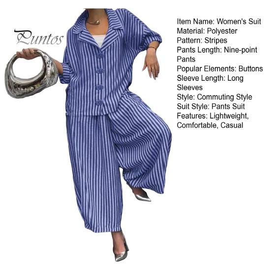 Women's Casual Suit Long-Sleeved Shirt Top Wide-Leg Harem Pant 2-piece Set Autumn Lapel Striped Nine-Point Pant Female Outfit Suit
