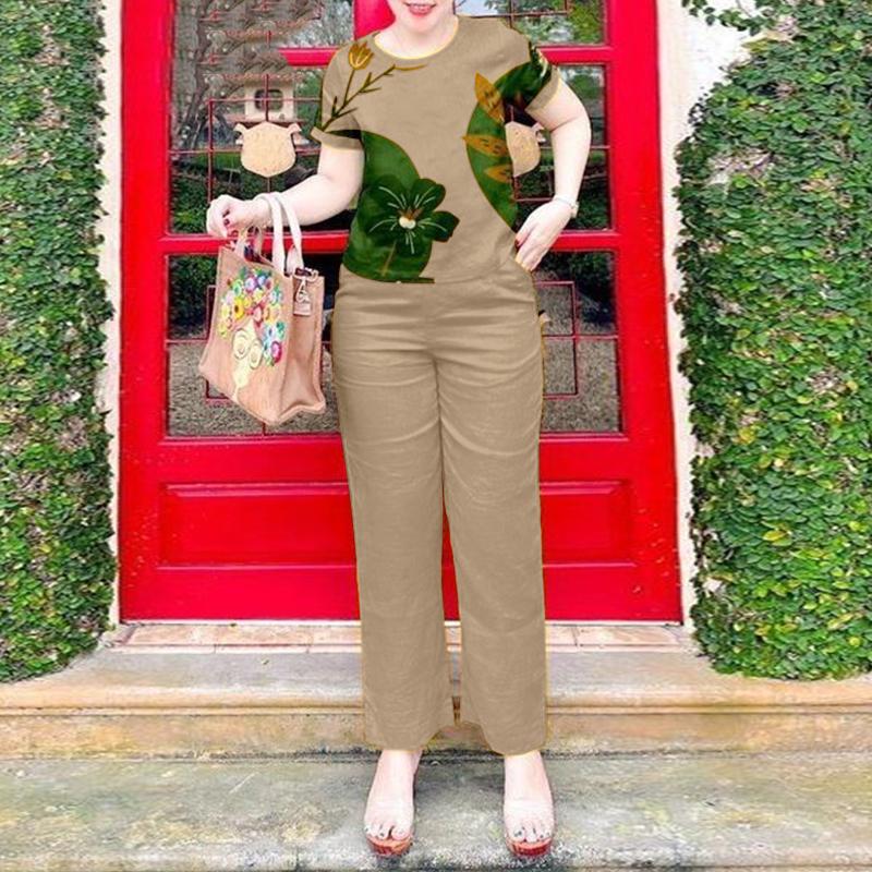 ZANZEA Women Print Blouse and Pants Casual Two Piece Set