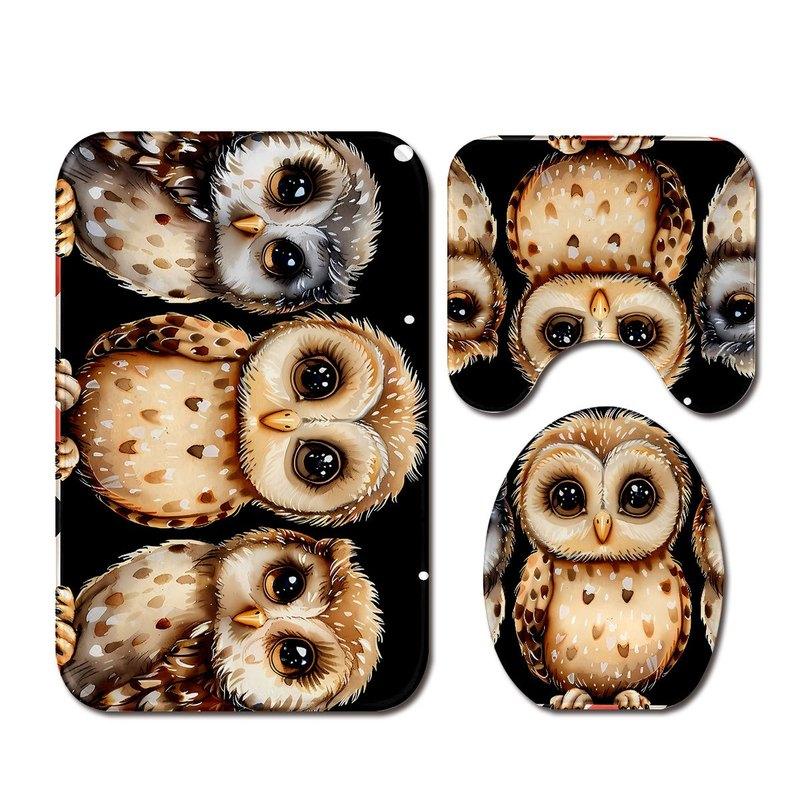 3pcs Cute Owl Bathroom Rug Set Non-Slip U-Shaped Mat and Toilet Lid Cover Animal Theme Home Decor Washable Indoor Floor Mats