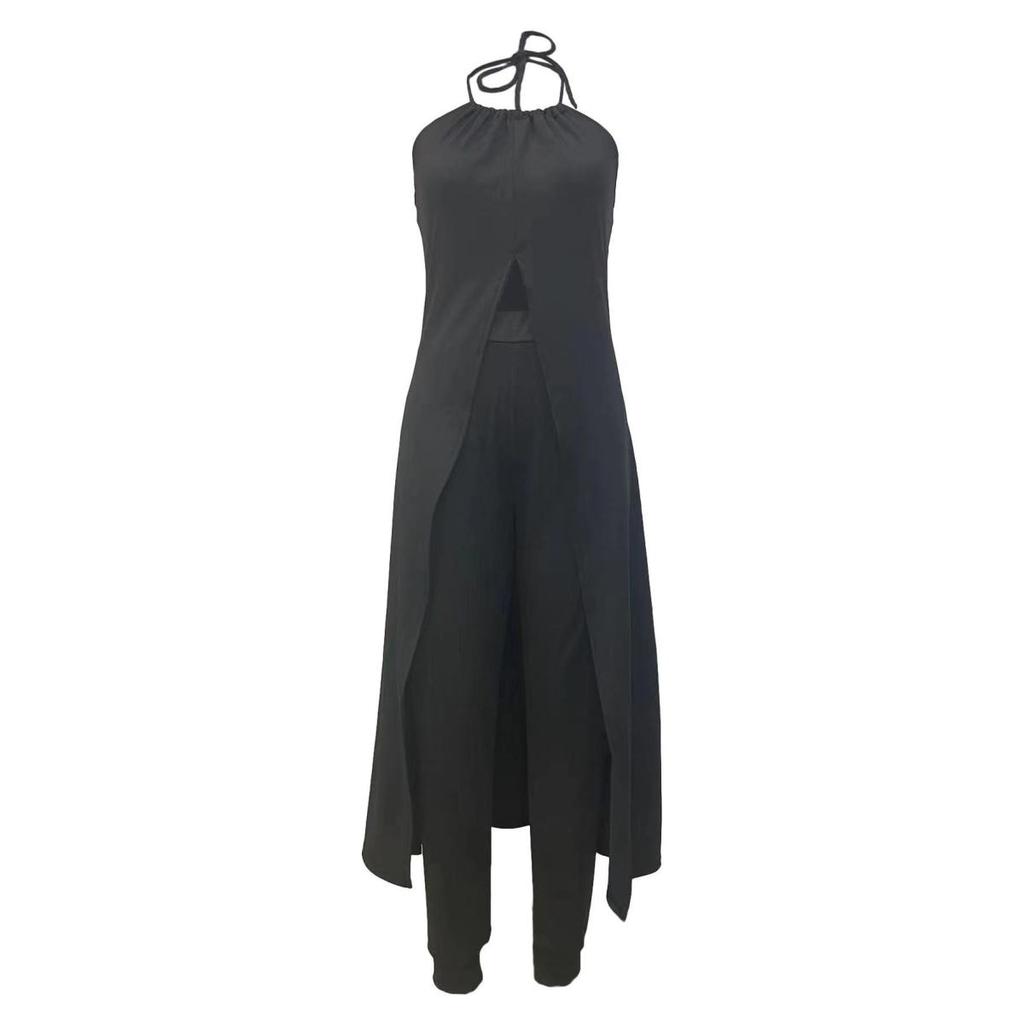 Женский комплект, однотонный топ без рукавов с бретелькой на шее и открытой спиной + брюки с высокой талией, комплект из двух предметов