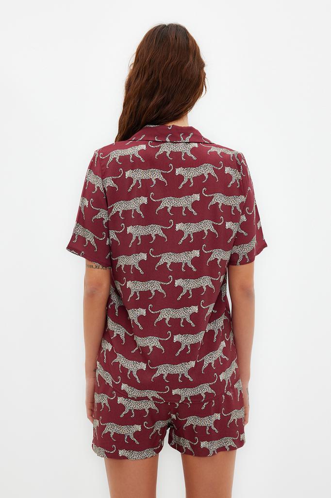 Women's Fashion New Pajama Set Emerald Green Patterned Viscose Shirt-Shorts Woven Pajama Set