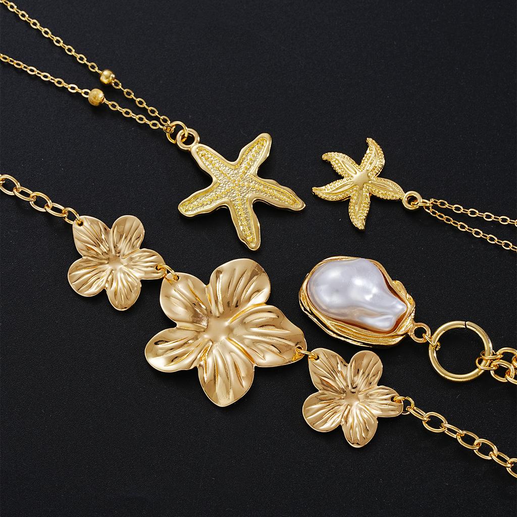 New Flower Starfish Imitation Pearl Pendant Necklaces for Women Fashion Gold Color Multilayer Necklaces Sets Party Jewelry Gifts