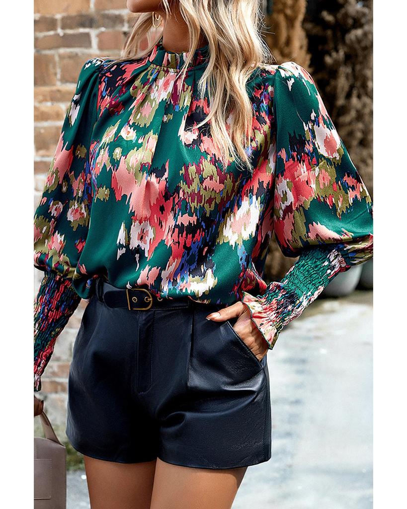 Azura Exchange Green Abstract Print Smocked Cuffs Frilled Neck Blouse