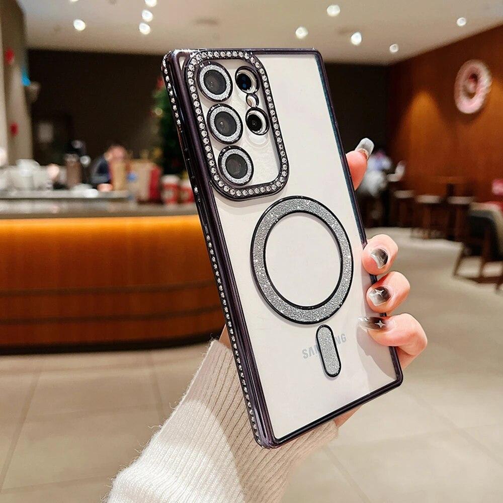 Роскошный прозрачный чехол для телефона с магнитным покрытием для Samsung Galaxy S24 S23 S22 Ultra Plus, блестящая защитная пленка для линз с бриллиантами, мягкий чехол