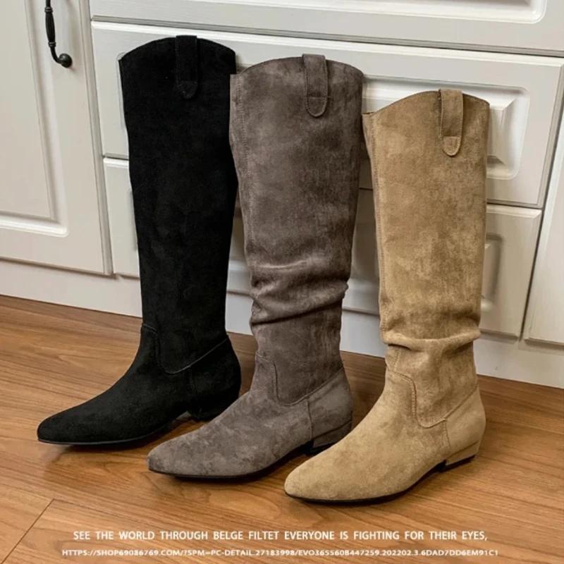 Women's High Boots Pointed Toe Square Heel Suede Roman Style Brown Knee-high Boots Women's Casual Low Heel Versatile Botas Mujer