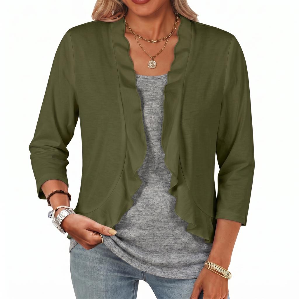 Women's Ruffle Trim Cardigan, Loose Fit 3/4 Sleeve Knit Sweater, Lightweight Summer Cardigan with Irregular Hem, Casual Open Front Layer