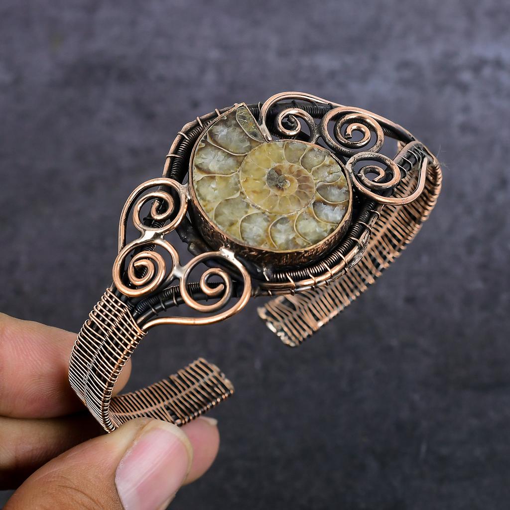 Natural Ammonite Fossil Gemstone Copper Wire Wrap Cuff Bangle Adjustable K7y53