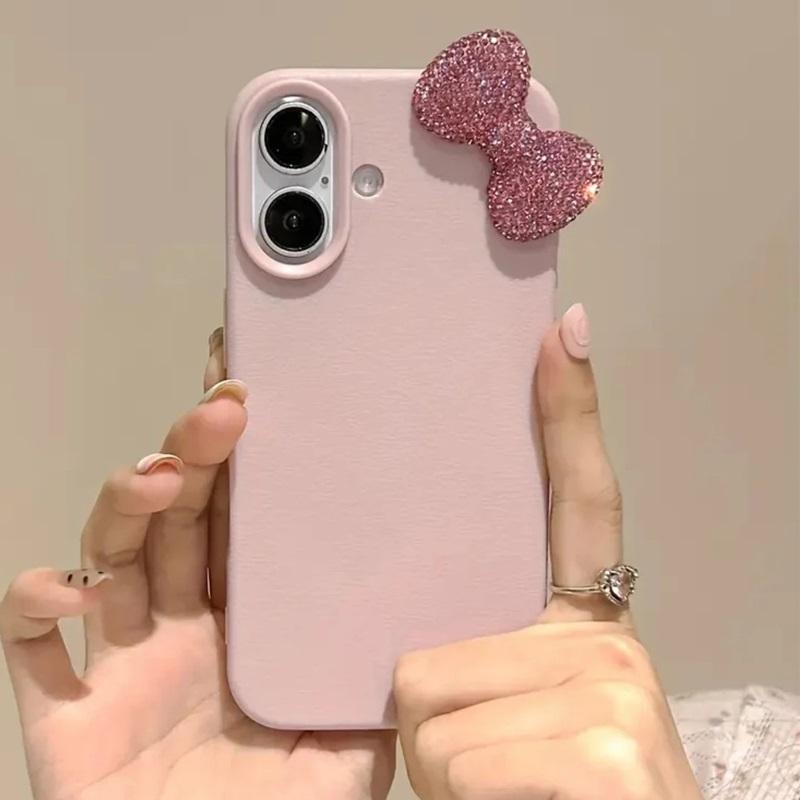 Милый 3D Алмазный Бант Розовый Чехол для Телефона Для iPhone 17 16 15 14 11 Pro Max XR X XS Кожаная Текстура Мягкий Ударопоглощающий Бампер