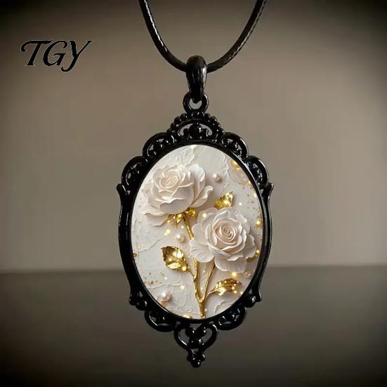 Gifts for Valentine's Day Oval Floral Pendant Necklace, Vintage Glass Dome Rose Elegant Alloy Jewelry Adjustable Cord Retro Women Girls