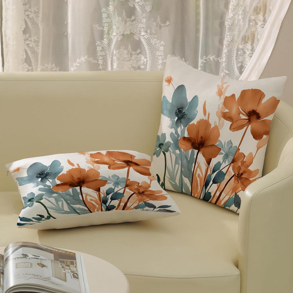 18*18 inch spring linen green plant purple flower pillowcase 2-piece suitable for sofa bedroom outdoor Brown-green