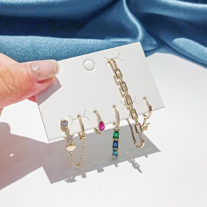 ANENJERY Цветной циркон, кулон, серьги-кольца со звездой для женщин, цепочка-клипса в форме сердца, набор серег из 6 предметов