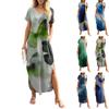 Women's Summer Gradient Stripe Print Casual Loose Short Sleeve Beach Maxi Split Dress