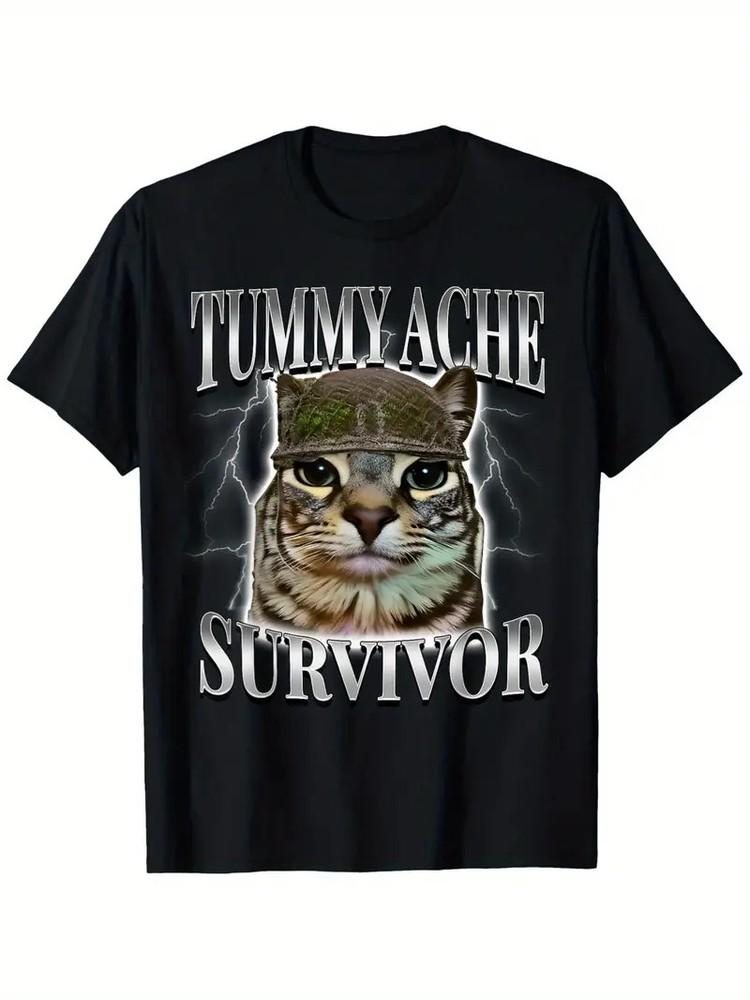 Funny Cat Meme T-Shirt034;Tummy Ache Survivor034; Sarcasm Humor 100% Cotton Short Unisex T-Shirt