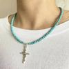 Fashion 4mm Natural Stone Turquoises Chokers Necklaces For Women Charm Light Blue&White Pendant Necklace Prayer Cross Necklace