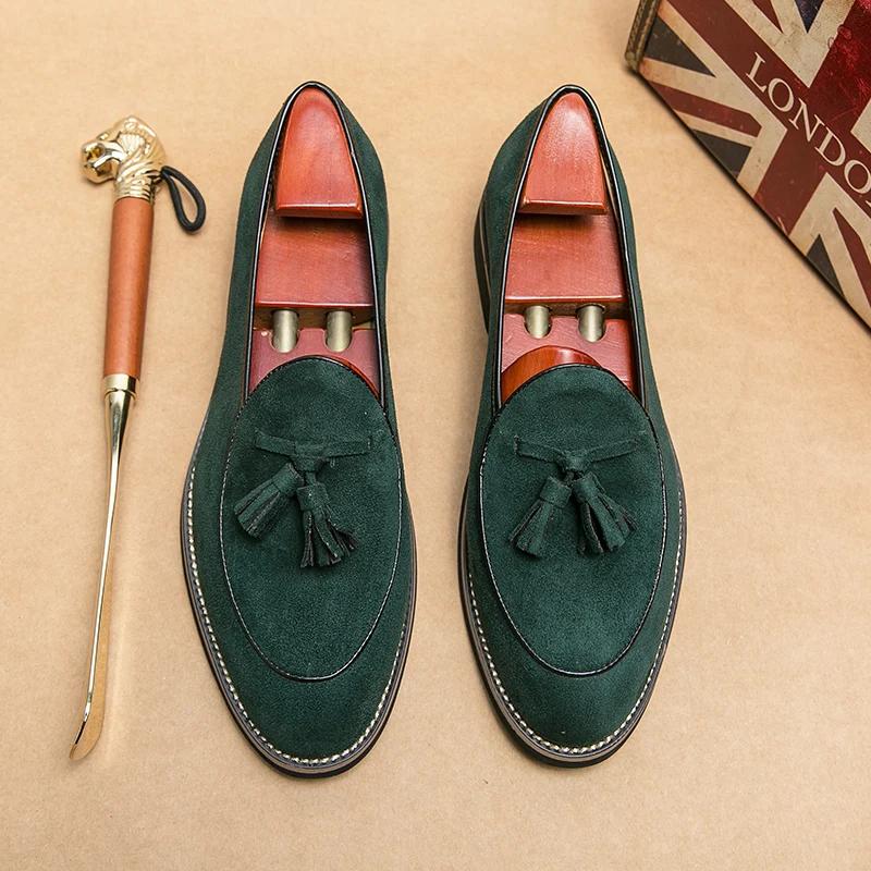 Italian Luxury Brand Suede Men's Tassel Design Loafers Slip-on Handmade High Quality Nubuck Leather Shoes Pointed Toe Thick Sole