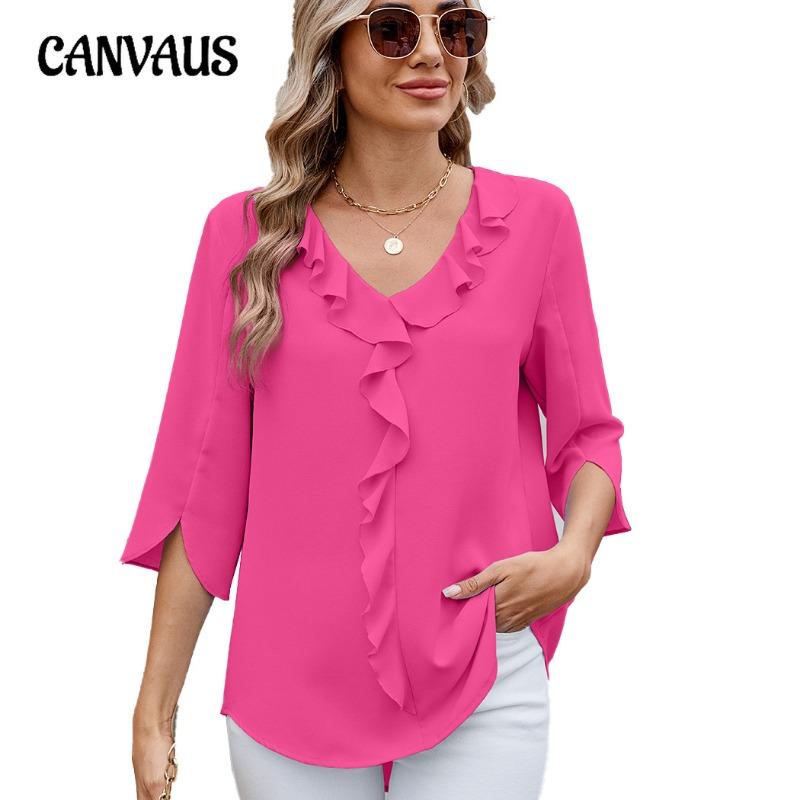 Women's Spring and Summer New Solid Colour V-neck Ruffled Loose Mid-sleeved Chiffon Shirt Shirt