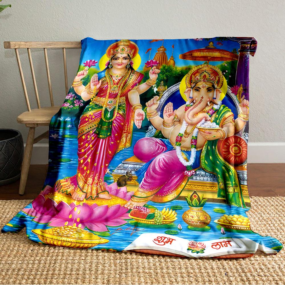 Colorful Hindu Deities on Lotus FlowersFlannel blanket for bedroom, living room, sofa, and nap