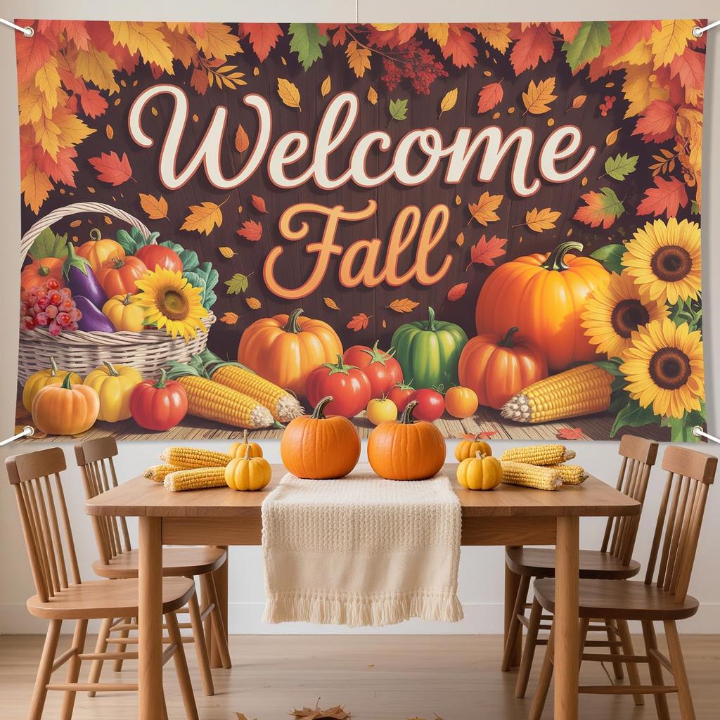 Welcome Fall Backdrop Thanksgiving Party Banner Pumpkin Sunflower Decor