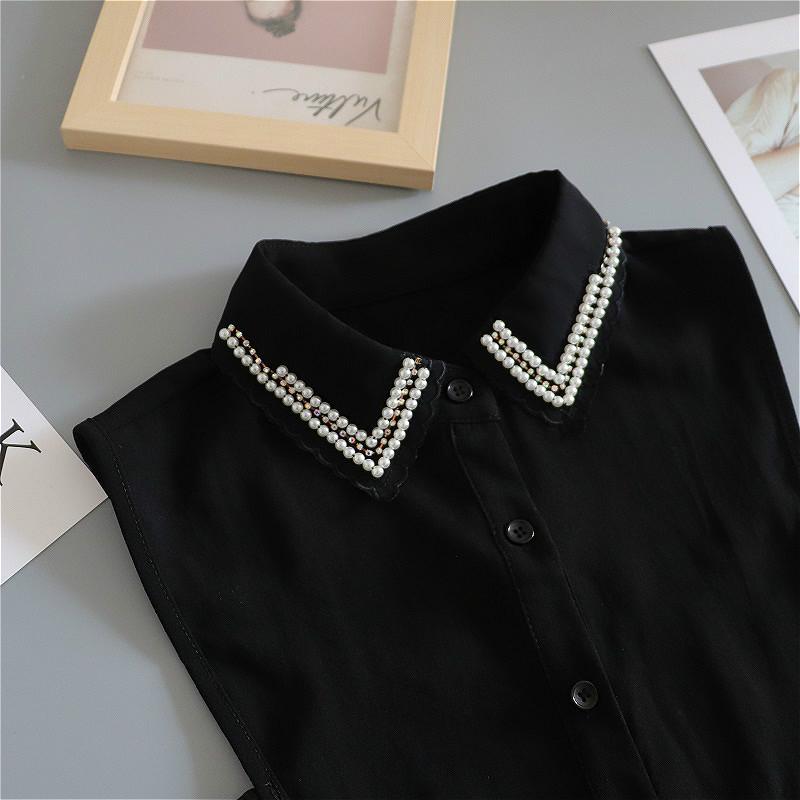 Beaded Fake Collar Shirt Chiffon White Detachable Collar Fake Women Vintage Ladies False Blouse Collar Lapel Half Shirt Neckwear
