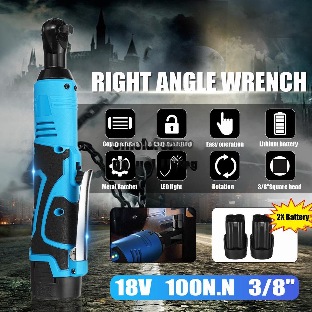 Blue 100N.m Electric Wrench Cordless Ratchet Rechargeable Scaffolding Right Angle Wrench with 2 Battery Charger Power Tool 18V 3/8Inches