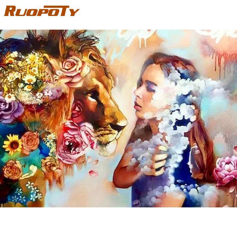 RUOPOTY Девушка и красочная фигурка льва, наборы для рисования по номерам, в рамке 60x75 см, DIY масляные краски, раскраска на холсте, домашний декор, искусство