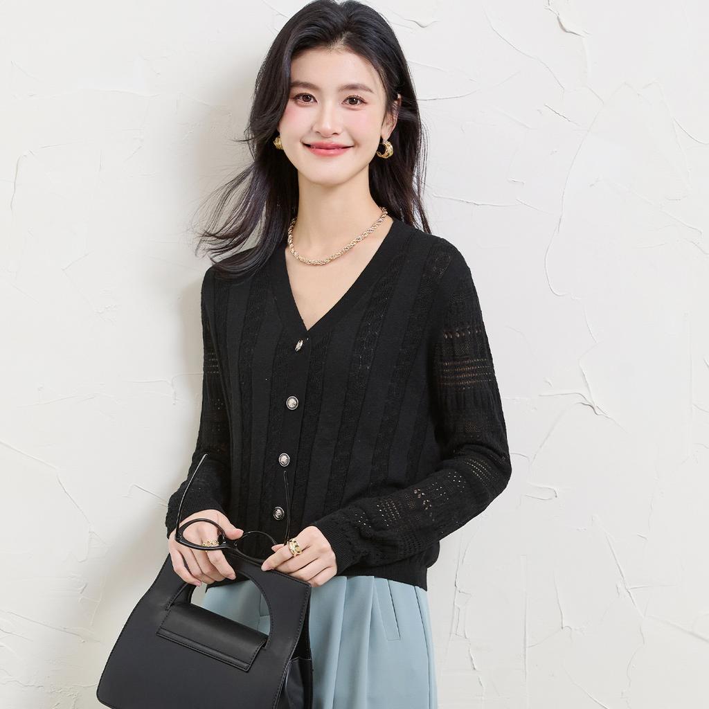 Spring 2025 New Solid Color Knitted Hollow Cardigan