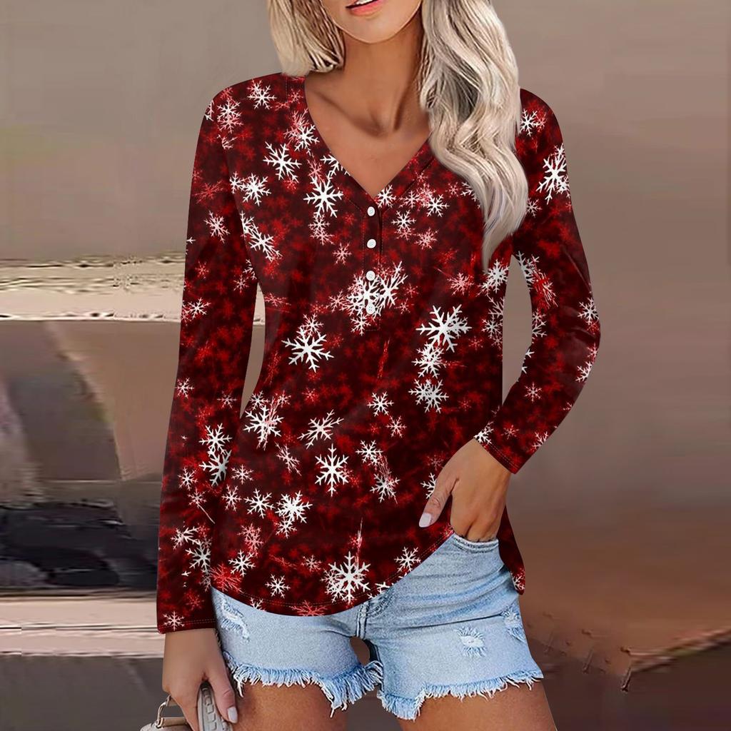 Женская повседневная мода сексуальный комфорт рождественский принт V-образный вырез пуговицы длинный рукав