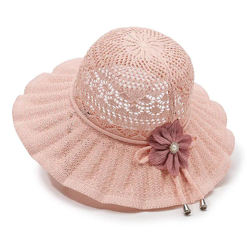 WTEMPO Women Spring Summer Wide Brim Bow Flower Solid Color Sun Hats Hollow-out Outdoor Breathable Foldable Beach Sunscreen Hats