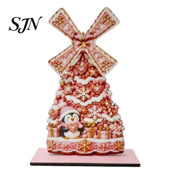 Christmas Gift for Family Windmill Wooden Ornament, Decorative Craft with Rotating Theme Desktop Ornament Blades, Handmade Figurine Holiday