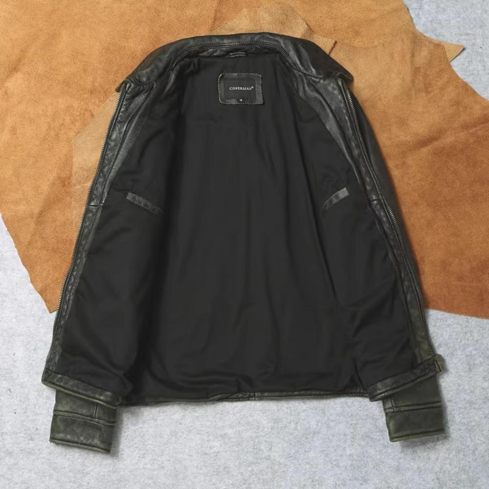 Китайский размер, винтажная оливково-зеленая натуральная воловья мужская кожаная куртка, осеннее пальто с отложным воротником из натуральной кожи