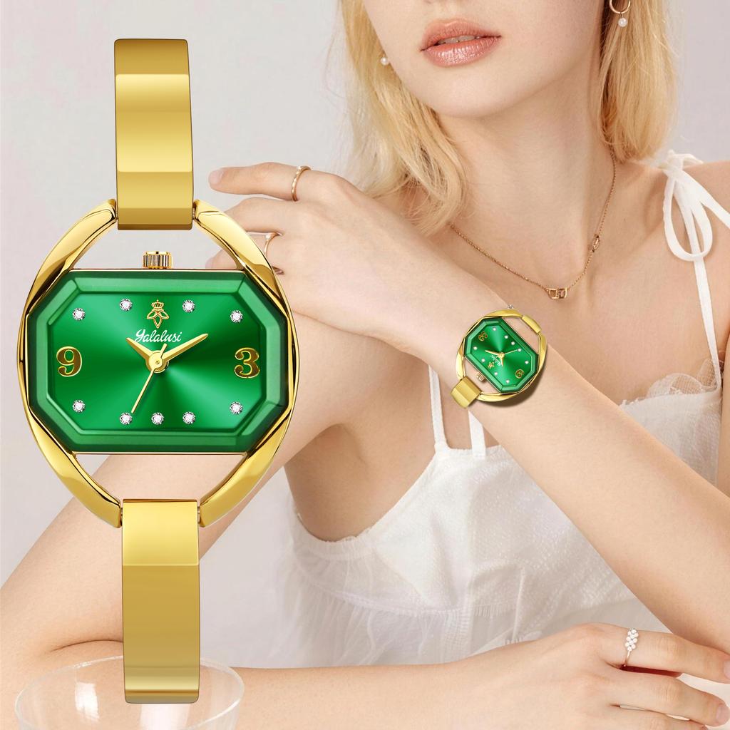 YaLaLuSi Elegant Gold Bangle Ladies Watch Green Dial Tiny Crystal Index Quartz Wristwatch Vintage Watch Premium Gift Box
