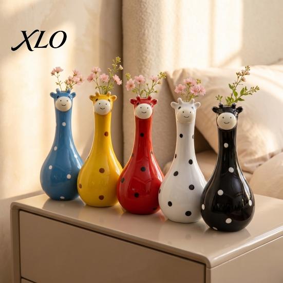 Hand Painted Animal Flower Pot Cute Polka Dot Giraffe Vase, Hand-painted Resin Creative Big-mouthed Modern Artistic Room Decoration Holder for