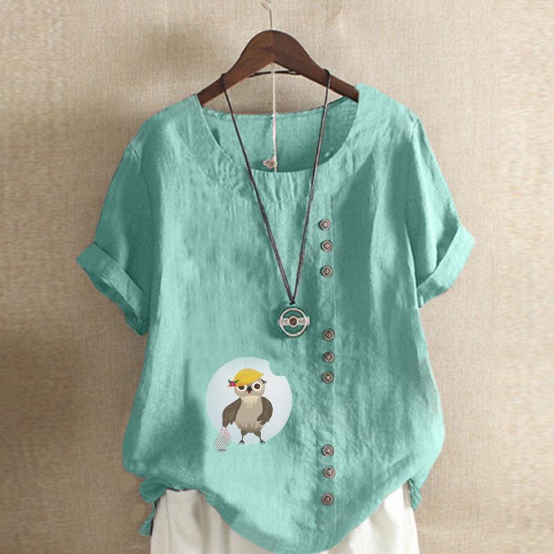 Women's Fashion Round Neck Short Sleeve T-shirt Casual Cotton Linen Graphic Shirt Leisure Loose Owl Prined Summer Blouse Tops