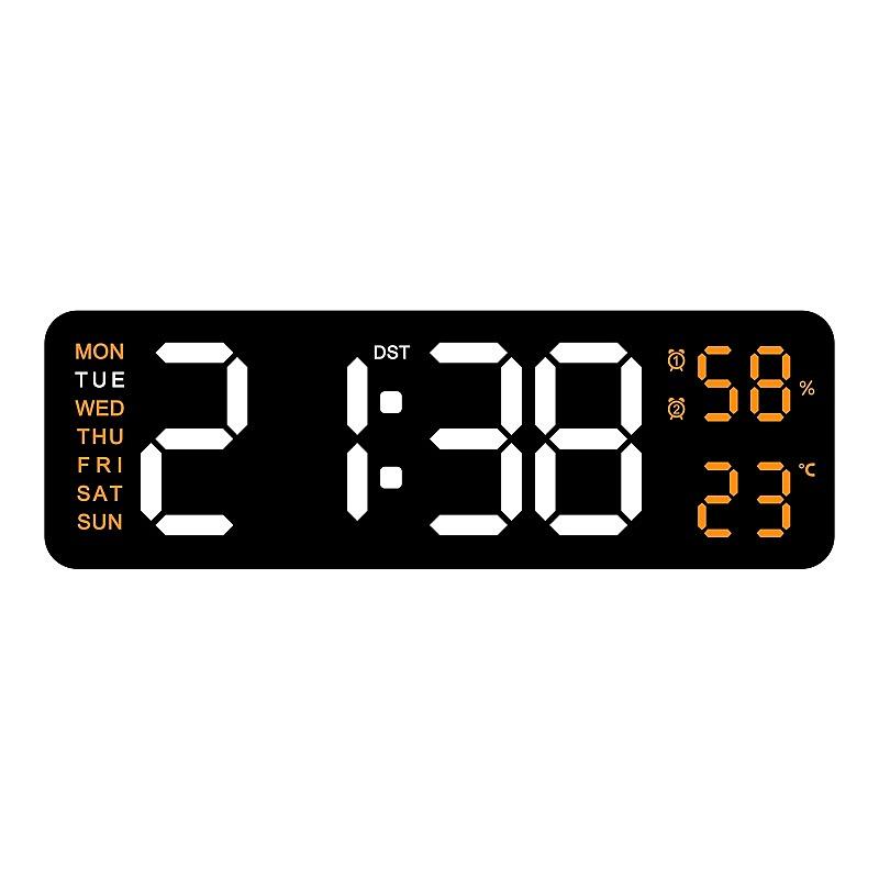 USB Powered 9 Inch Large Digital Wall Clock Temperature Humidity Week 2 Alarm Auto Dimmer Snooze 12/24H DST Desk LED Alarm Clock