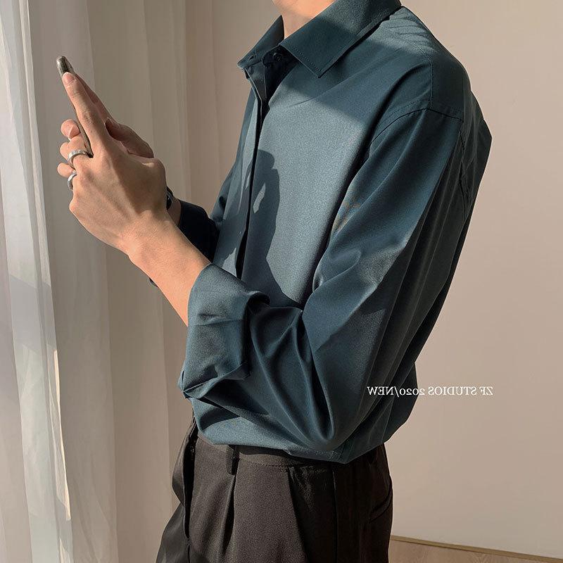 Korean Men's Shirts Retro Iron-free Tees Dark Green White Shirt Men's Long-sleeved Korean Loose Trend Top