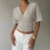 Женская повседневная укороченная футболка в полоску с V-образным вырезом и коротким рукавом, вязаная