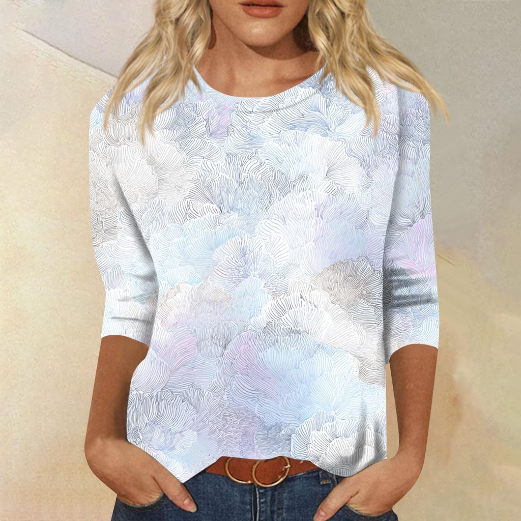 Women's Fashion Casual Round Neck Three-quarter Sleeve Gradient Print T-shirt Top