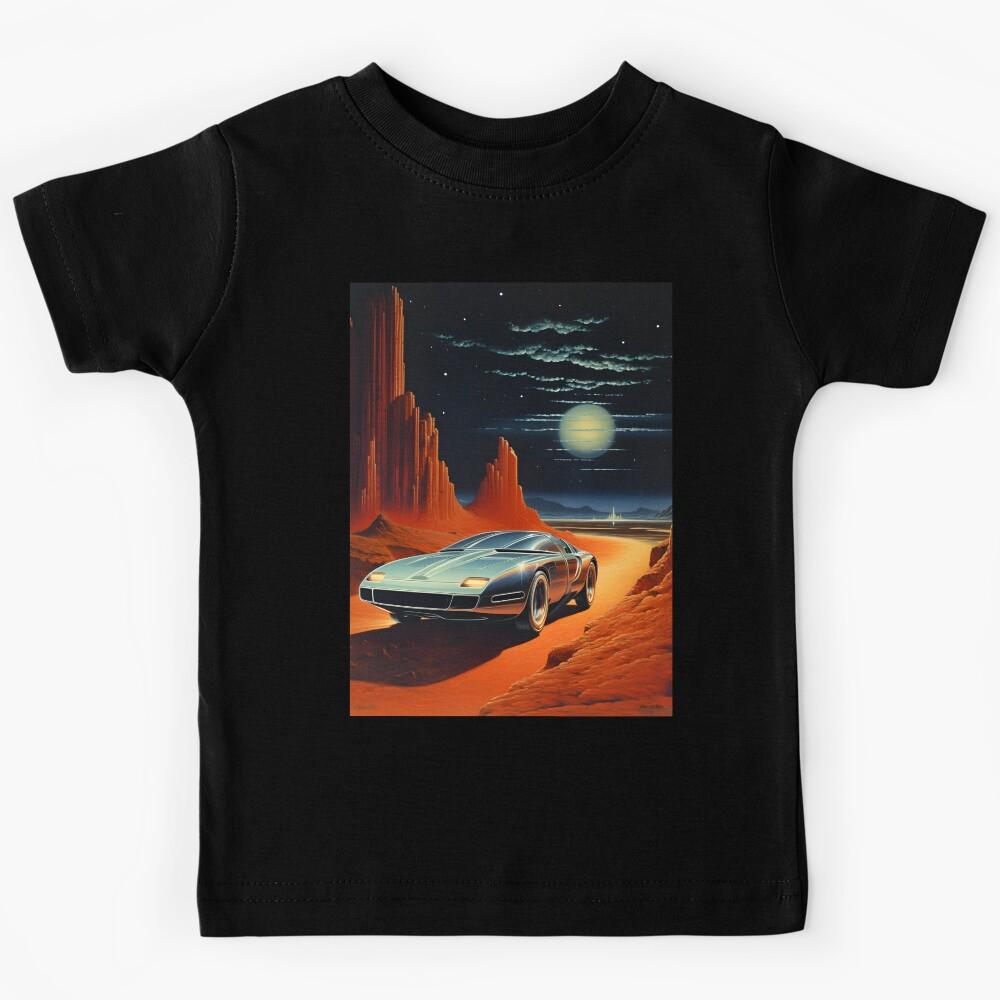 Metallic Color Retro Futuristic Sports Car and an Extraterrestrial Desert Landscape at Night with Starry Sky Kids T-Shirt