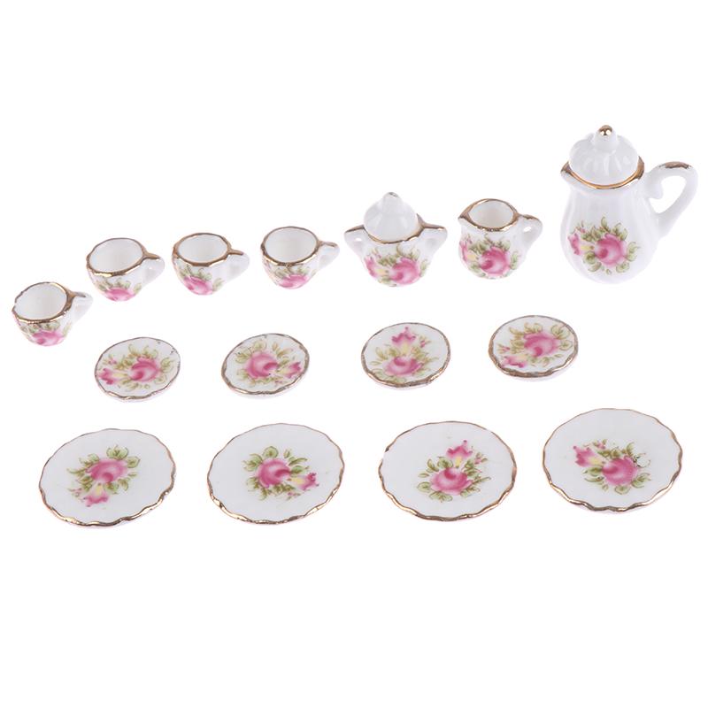 15Pcs Dollhouse Miniature Tableware Porcelain Ceramic Coffee Tea Cups Set Toys