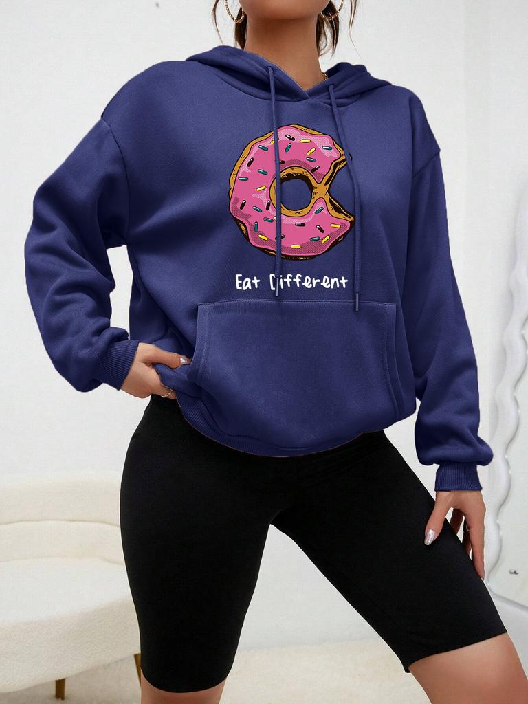 Толстовка с капюшоном Eat Different Cartoon Donuts Printing для женщин в стиле хип-хоп, флисовая теплая толстовка, удобная одежда на осень