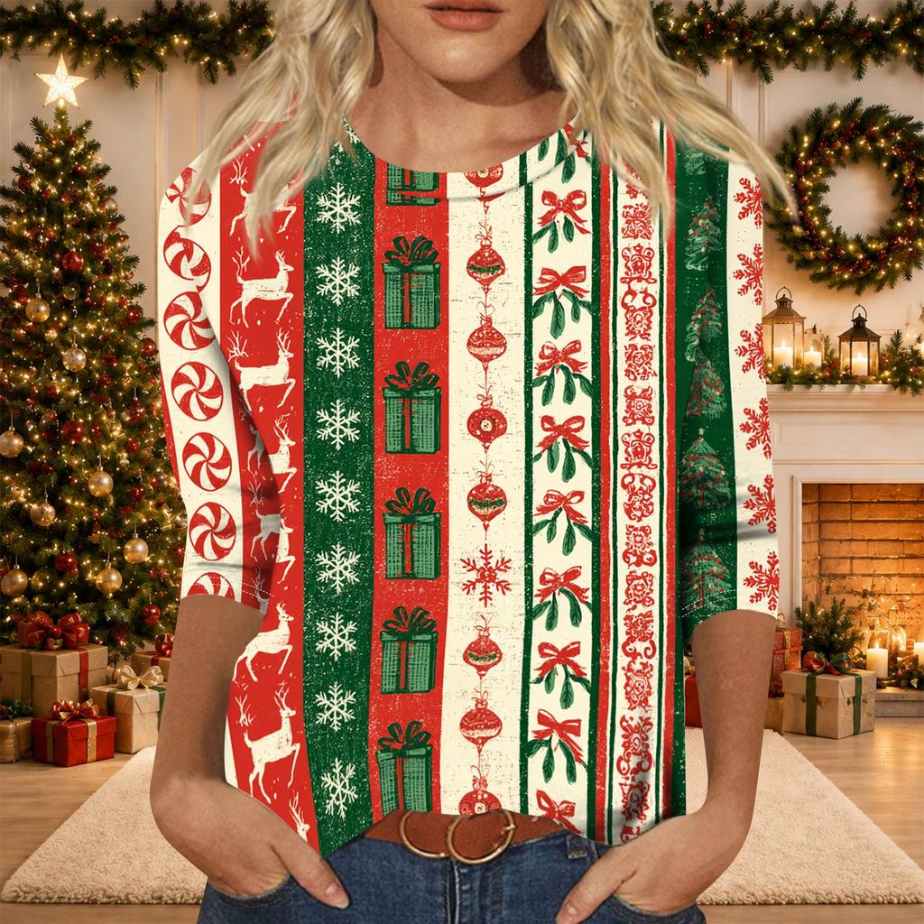Women's Casual Three-Quarter Sleeve Christmas Print Neck Top for Giving